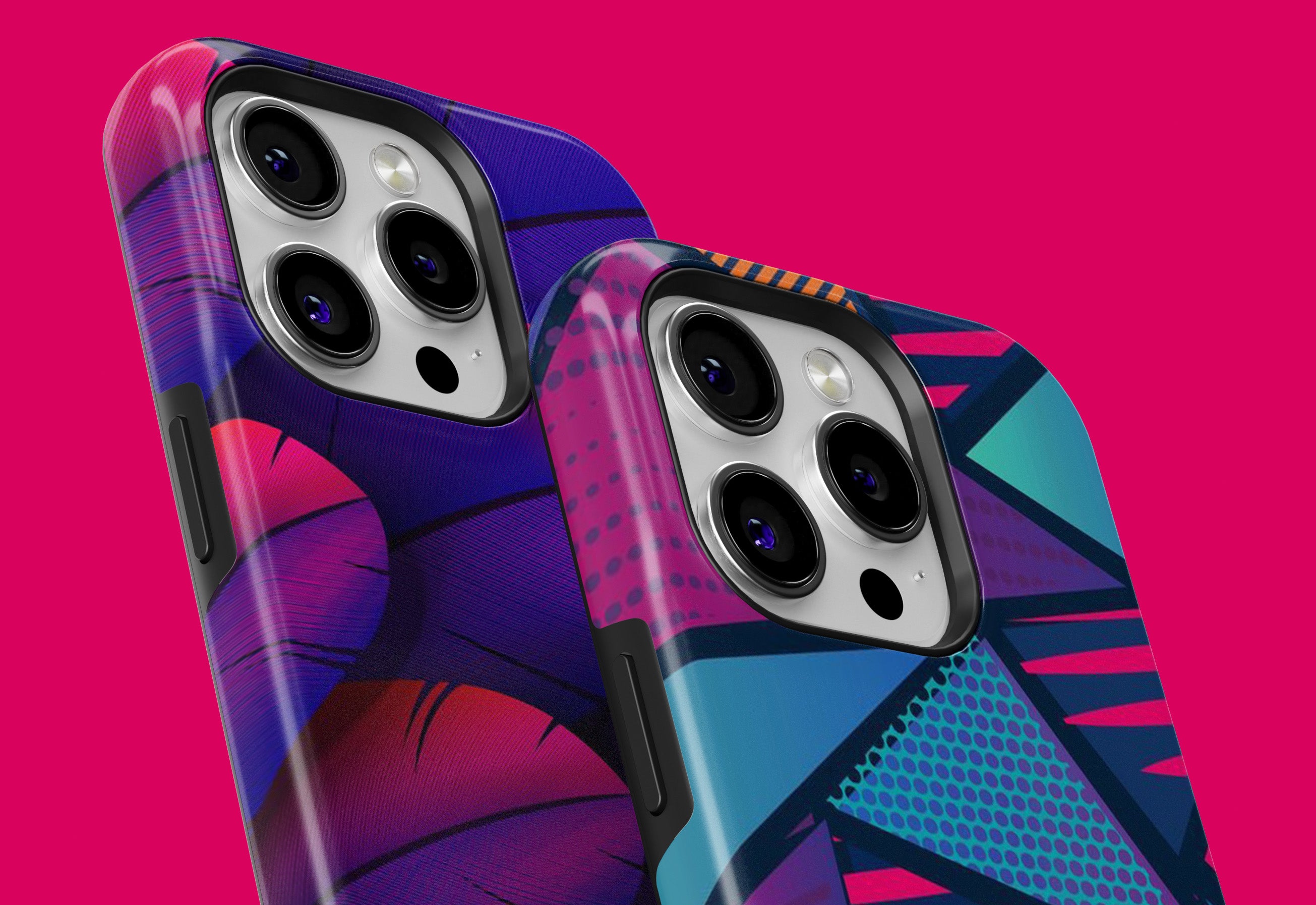 Close-up iphone case mockup featuring purple feather and blue geometric designs for a print on demand store.