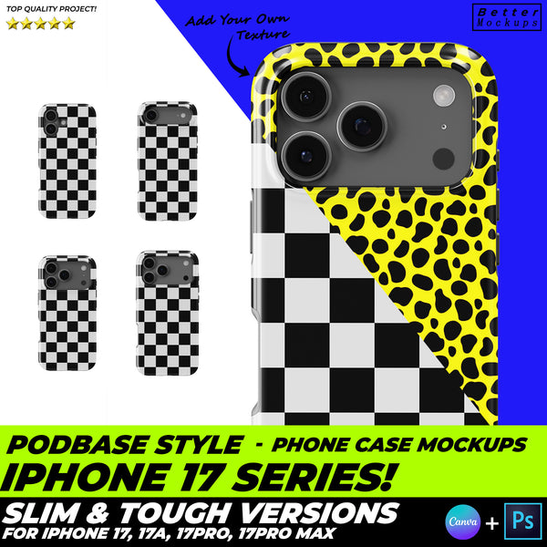 Podbase Style iPhone 17 Series Slim Tough Phone Case Front Mockups
